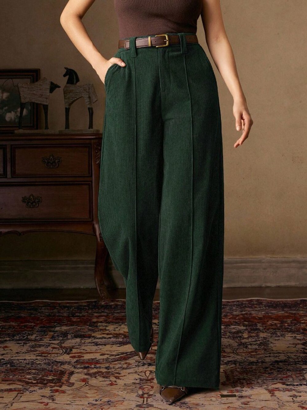 Dark Green Casual Women's Corduroy Trousers with Belt - Picture 4 of 7